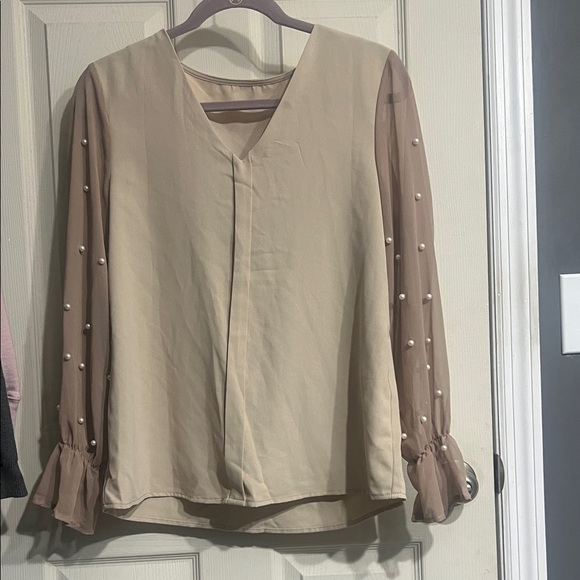 SHEIN Tops - SHEIN Beige Blouse with Pearl-Embellished Sheer Sleeves